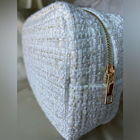 Large Tweed Bride Cosmetic Bag w/ Pearl & Rhinestone Personalized Letter Patches - Picture 9 of 10